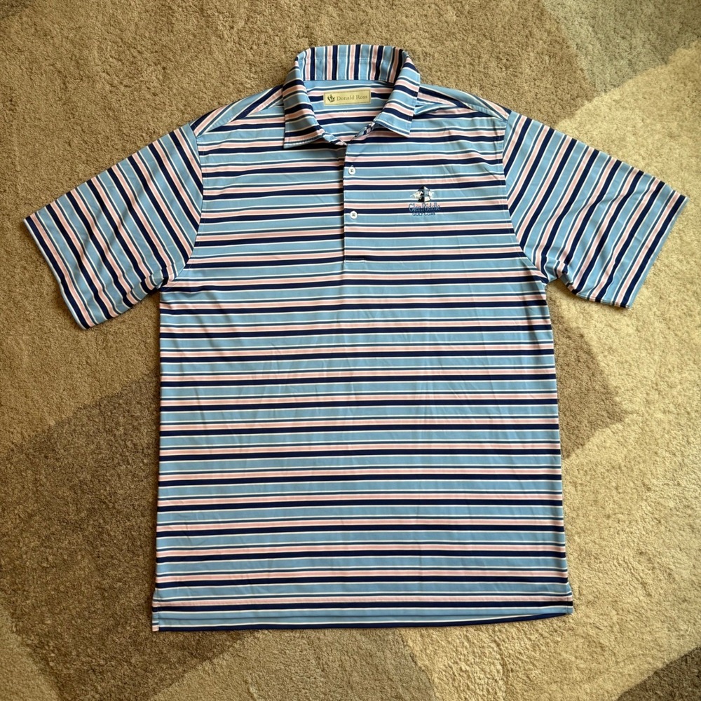 Donald Ross Mens GlenRiddle Golf Club Striped Polo Shirt Blue Pink Large L